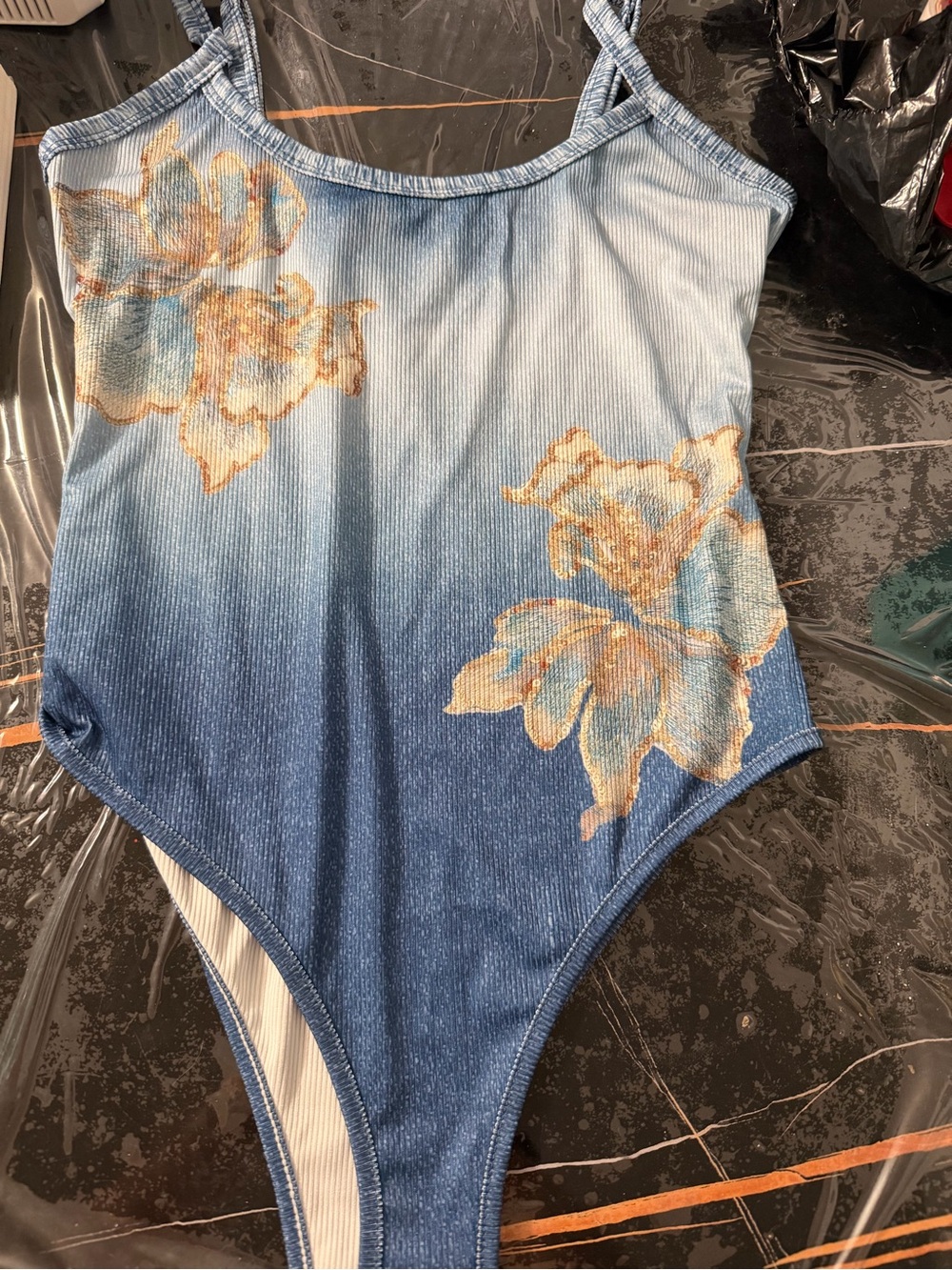 SHEIN Blue Ombre Floral Ribbed One-Piece Bodysuit